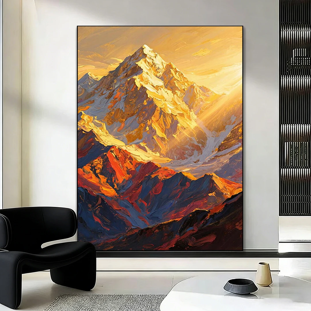 手绘油画《日照金山》玄关挂画中式客厅沙发背景墙装饰画肌理壁画