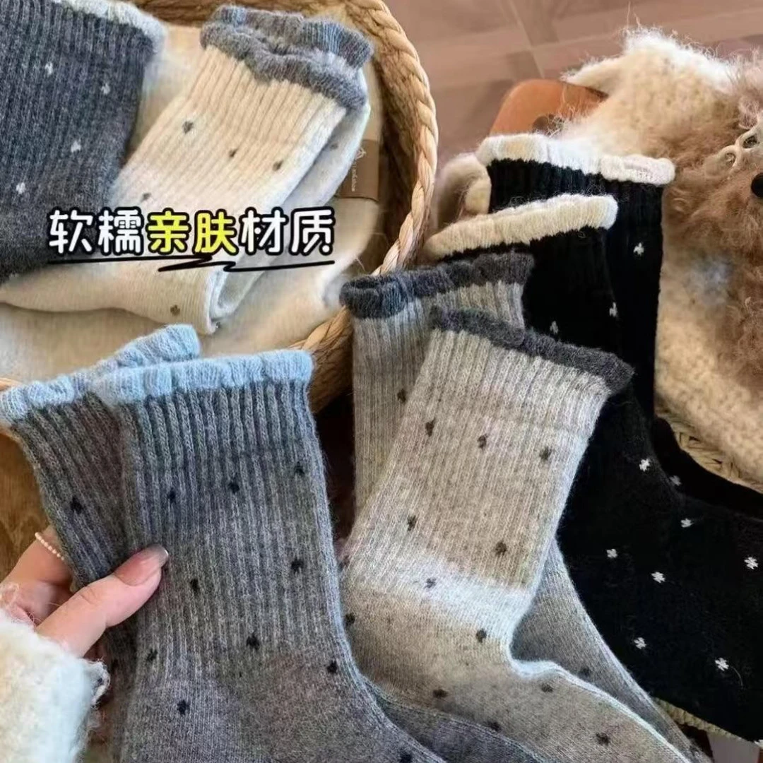 【买五双送三双】波点袜子女中筒秋冬季温柔花边百搭长筒复古女袜