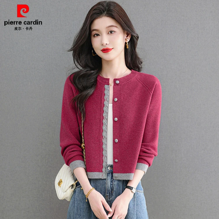 皮尔卡丹2025春秋新款品牌圆领针织羊毛开衫时尚减龄显瘦百搭短款