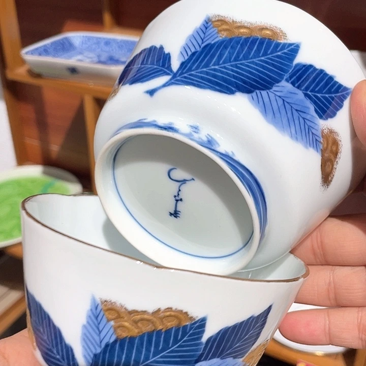紫砂114全新常右工门作手绘青花浮雕金彩碗两只