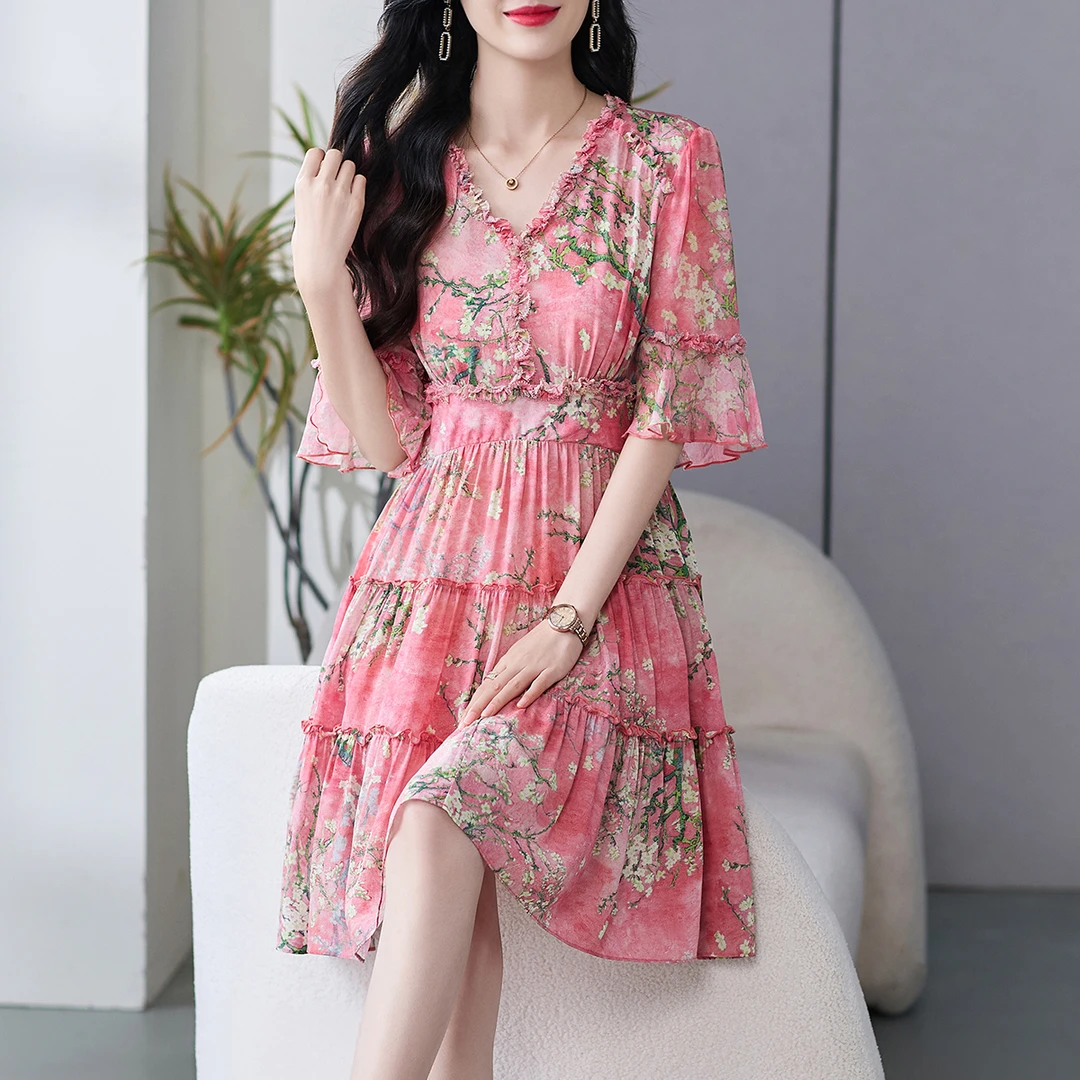 69556 小个子年轻版真丝碎花连衣裙女夏新款桑蚕丝大牌掐腰显瘦