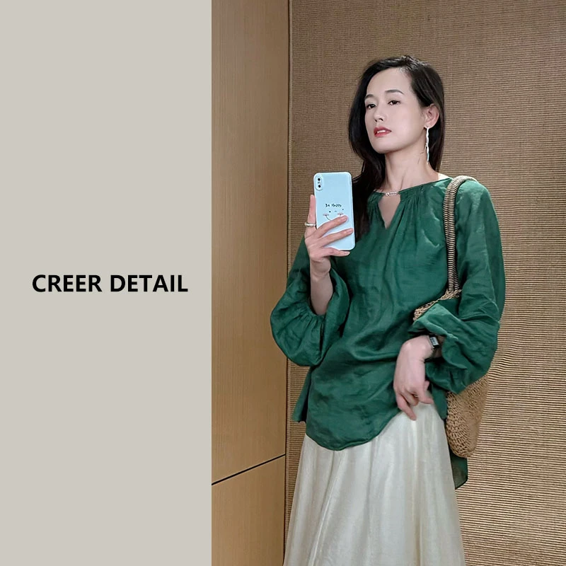 文艺范巨显白翡翠绿苎麻衬衫套头宽松设计感显瘦纸片人长袖上衣