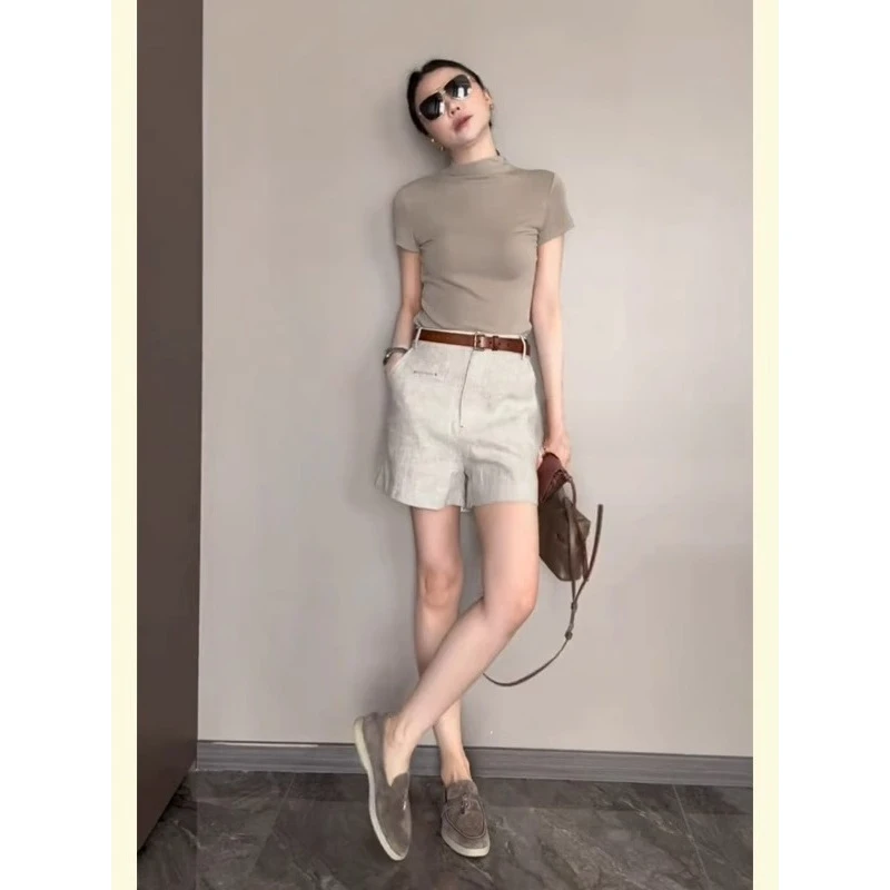 夏季2025新款老钱风小个子休闲短袖T恤上衣燕麦色亚麻短裤套装女