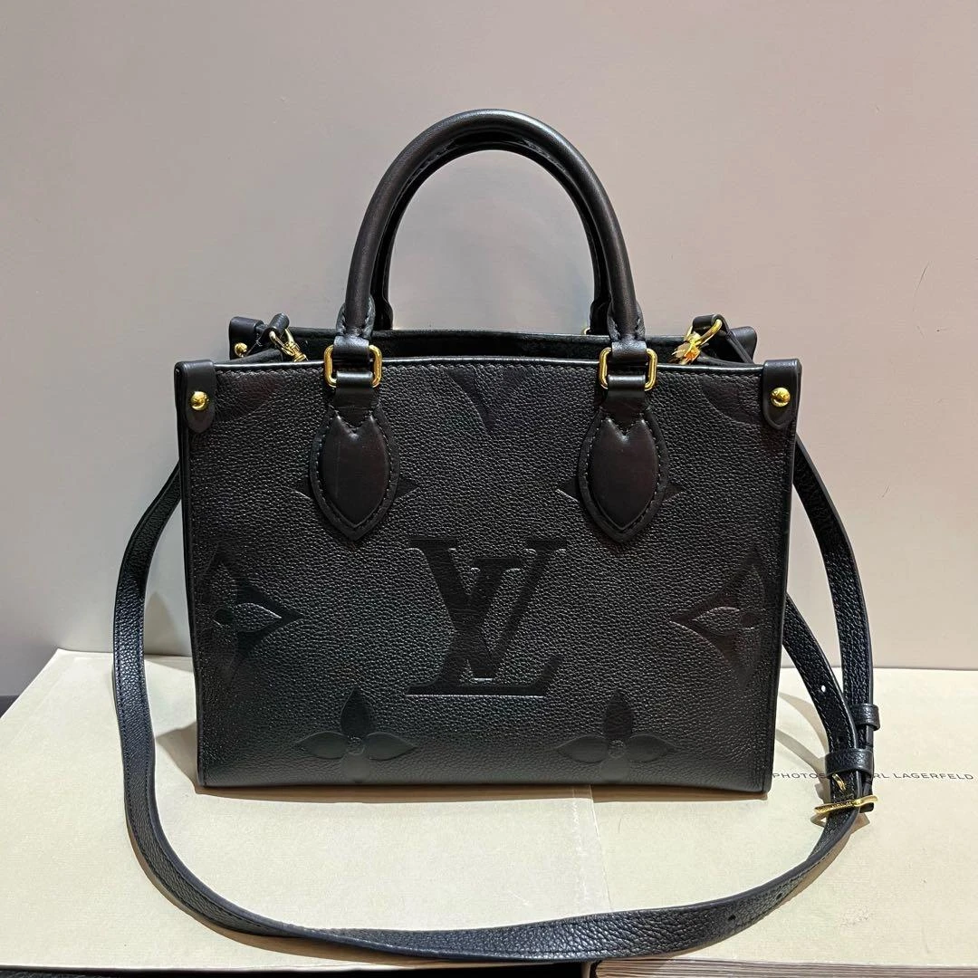 95新 LV LV Onthego 黑色 压纹大老花 荔枝牛皮 小号芯片