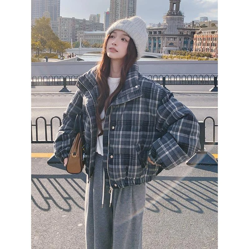 DUCURNO格纹立领羽绒服女2026冬季新款时尚气质加厚保暖宽松外套