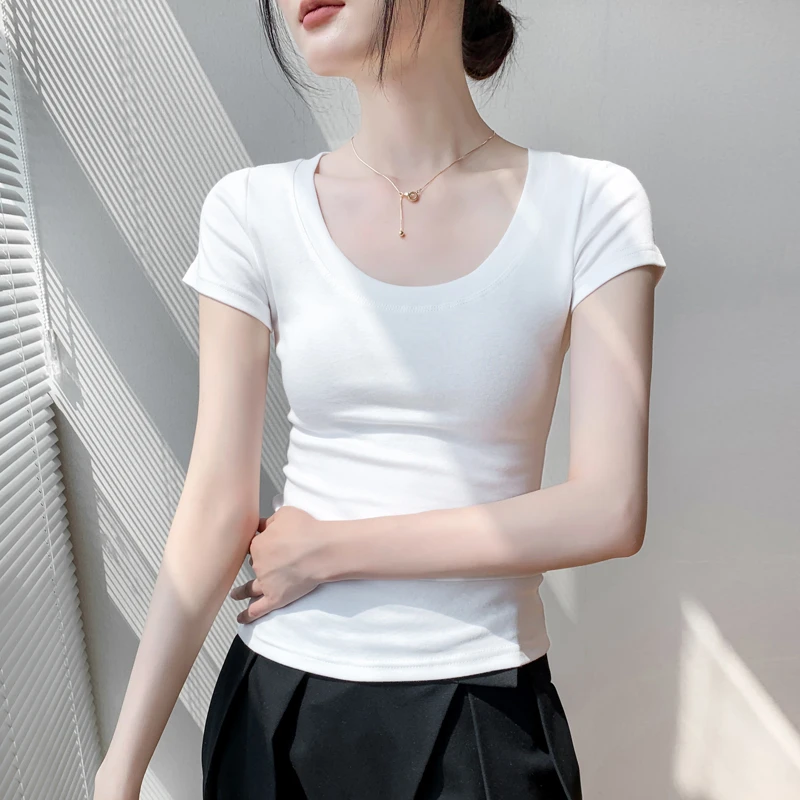 圆领短袖t恤女2025夏季新款修身高级感螺纹内搭短袖T恤上衣夏款