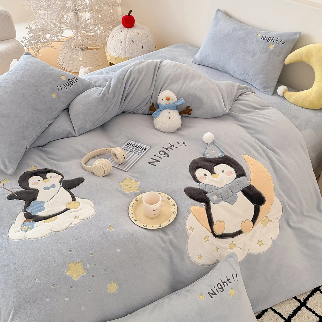 【专柜品质】秋冬季加厚卡通风真牛奶绒四件套企鹅被套儿童床上用品