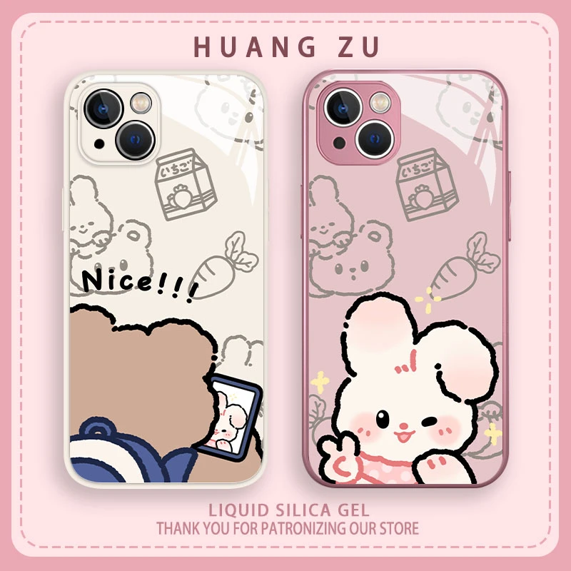情侣兔子小熊适用苹果15/16pro小米14华为P70OPPO/VIVO手机壳玻璃