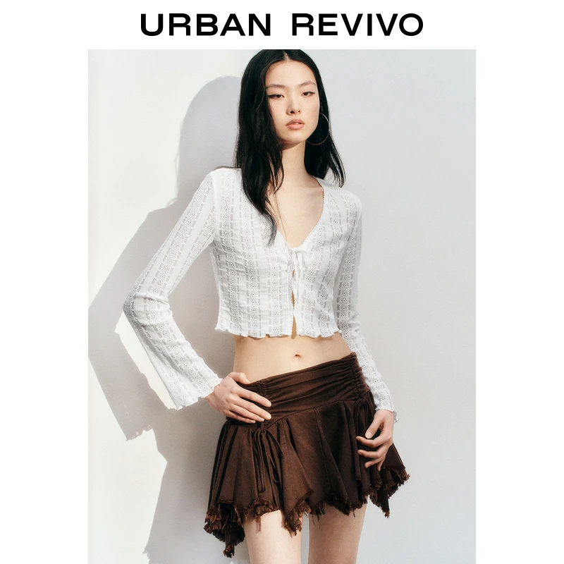 UR2025春季新款女装欧若风蕾丝系带肌理感V领长袖T恤UYL450053