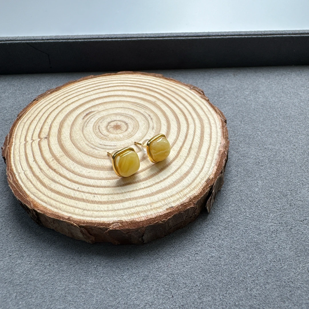 方形蜜蜡耳钉S925银