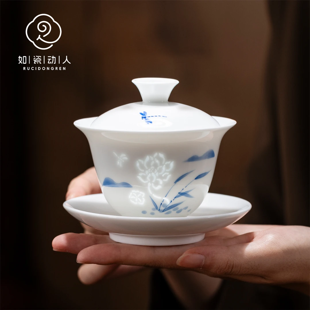 如瓷动人玲珑手绘三才盖碗高档轻奢家用单个不烫手陶瓷泡茶碗茶杯