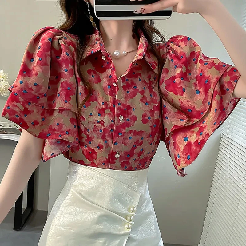 甜美印花荷叶边短袖衬衫女2025年夏季新款高级感宽松显瘦百搭上衣