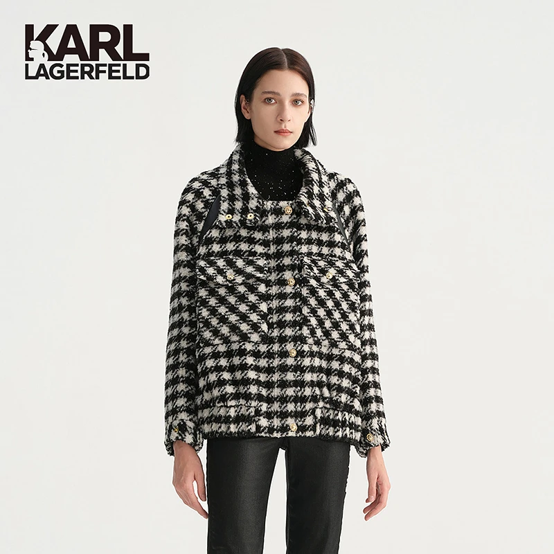 KARL LAGERFELD卡尔拉格斐新款千鸟格高领拼接外套老佛爷E37W1543