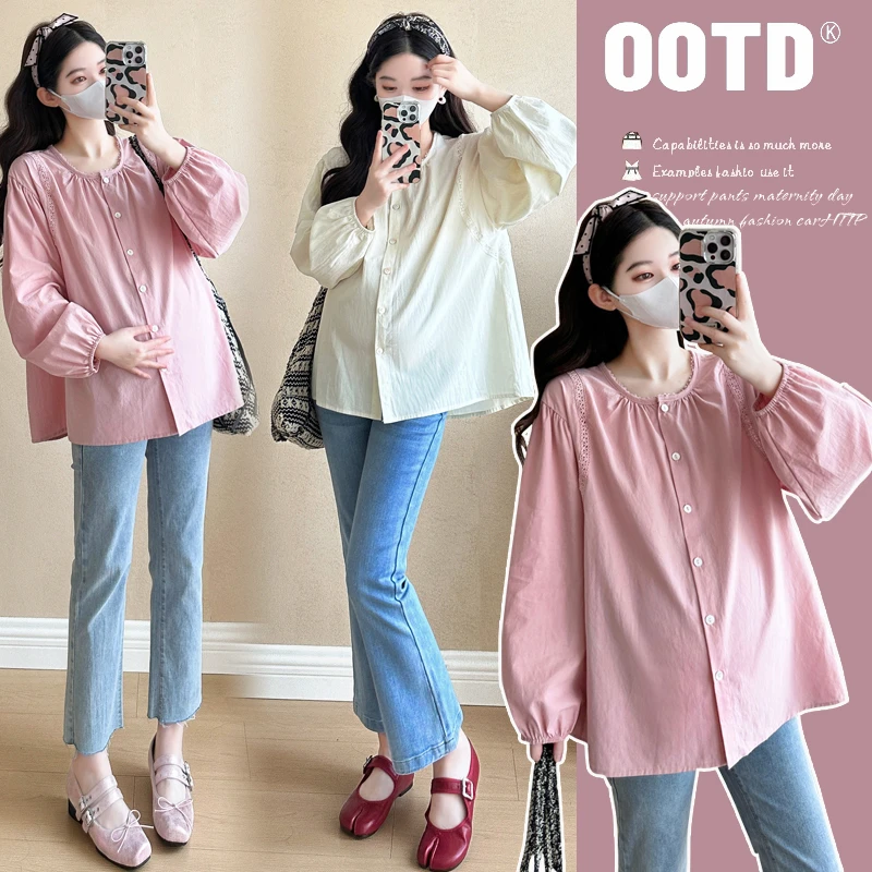 孕妇装2025春季新款韩版时尚百搭镂空花边宽松显瘦休闲衬衫上衣