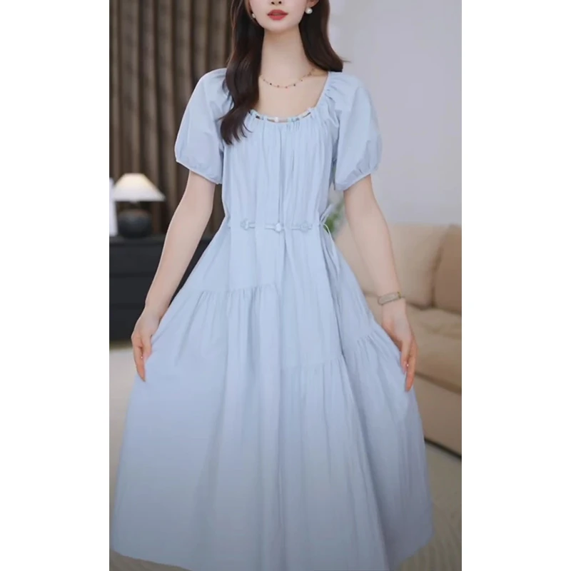 爆款夏季新款衣服气质纯色蓝色连衣裙显瘦甜美复古中长款女装裙子
