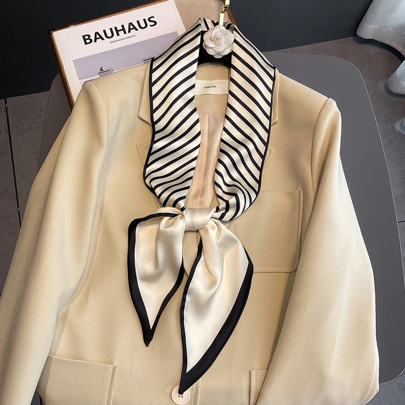2025新款韩版装饰条纹仿丝小丝巾时尚潮流秋季保暖领巾两用发带女
