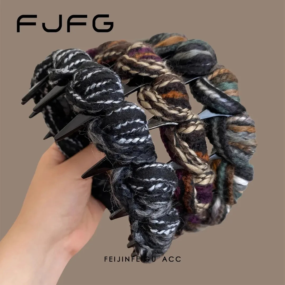 小众配色~秋冬加厚粗毛线宽边带齿发箍女蓬松高颅顶防滑齿梳头箍