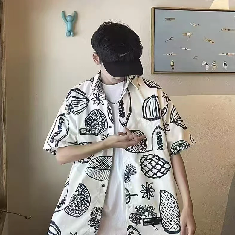 港风男女情侣沙滩服宽松印花衬衫短裤套装适合三亚旅游