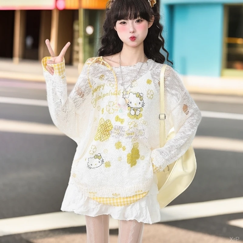 美式辣妹破洞假两件多巴胺Kitty猫长袖2025夏季洋气防晒罩衫上衣