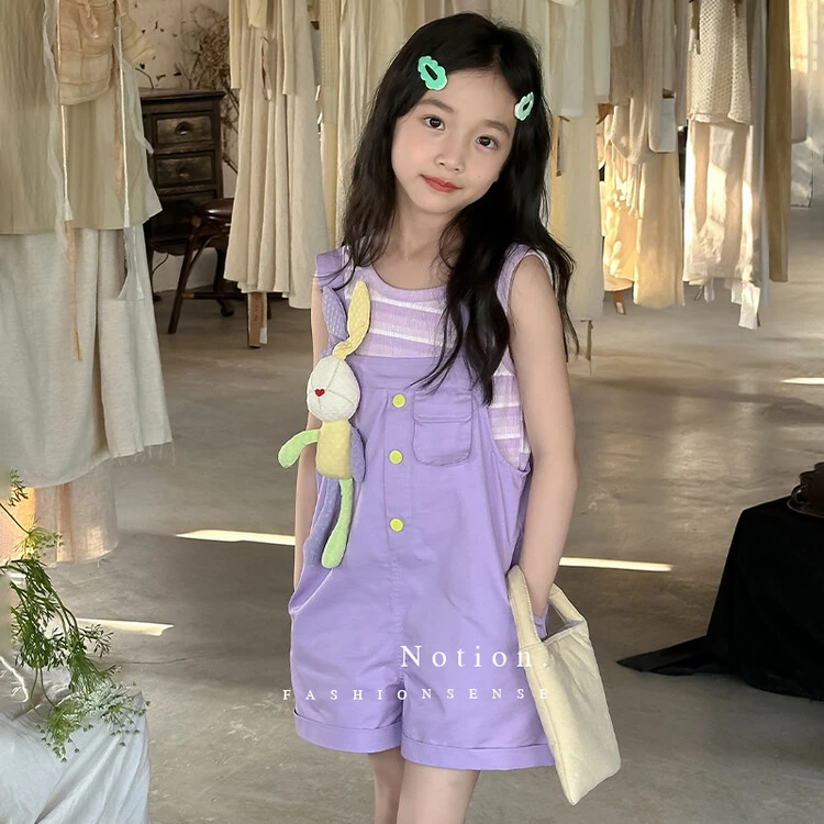 休闲夏季套装女童中大童芋泥紫韩版背带裤条纹T送玩偶两件套7063