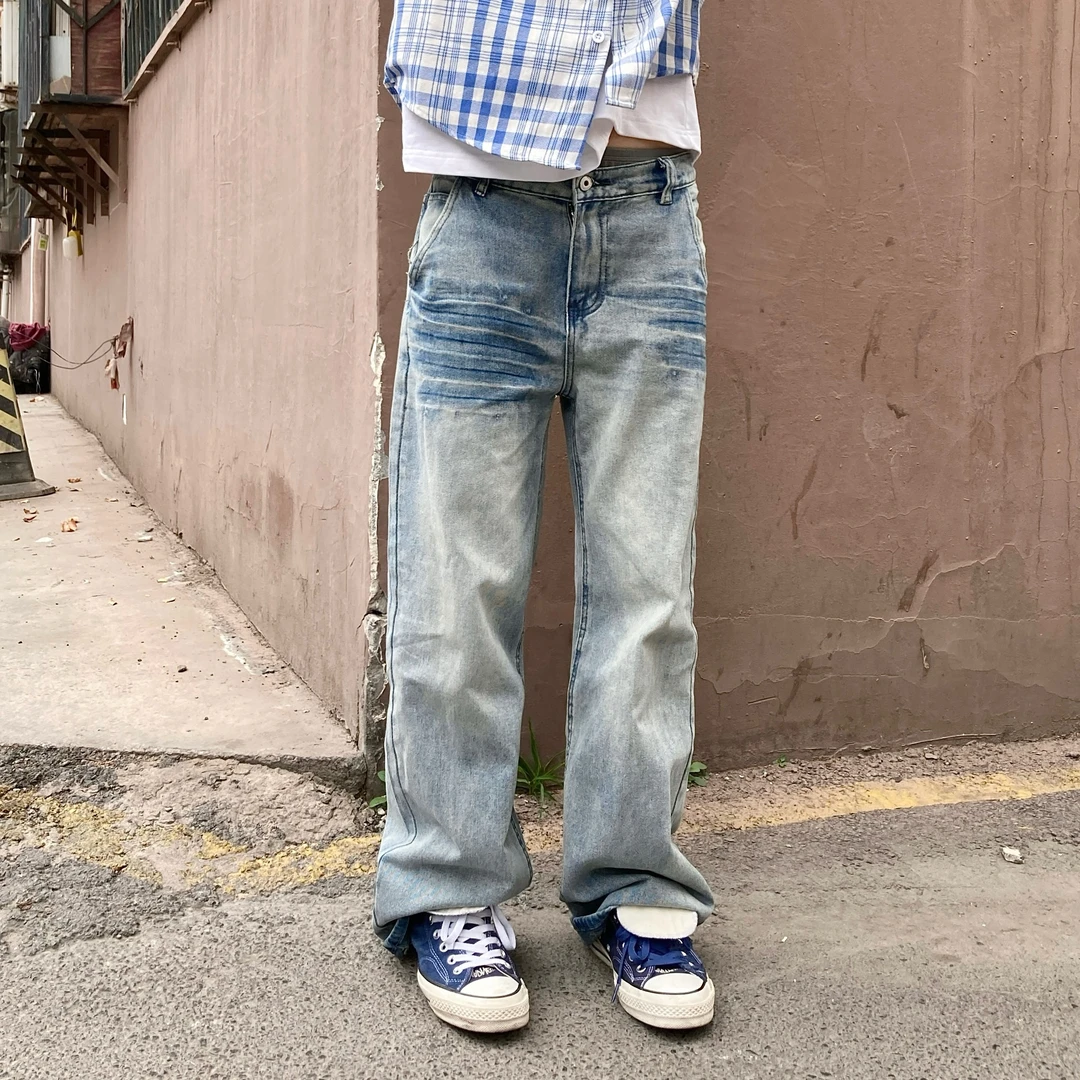 闪电纹百搭穿搭抓痕牛仔裤宽松直筒cleanfit阔腿裤男款子