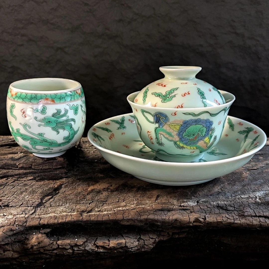 斗彩狮子绣球三才盖碗龙蛋杯仿古家用陶瓷珐琅功夫中式泡茶
