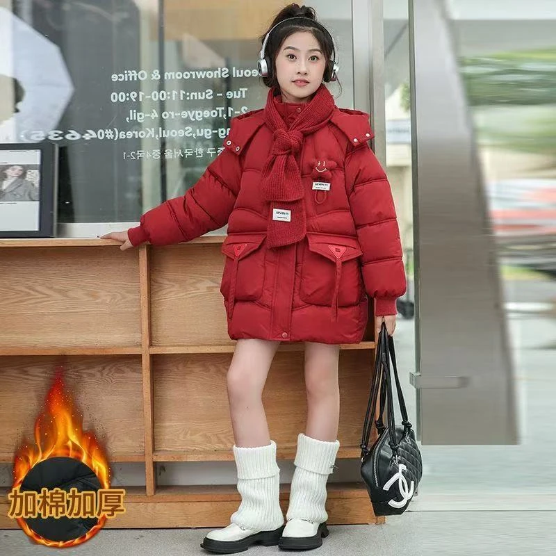 女童加绒加厚棉衣儿童洋气宝宝连帽中长款中大童保暖韩版男童红色
