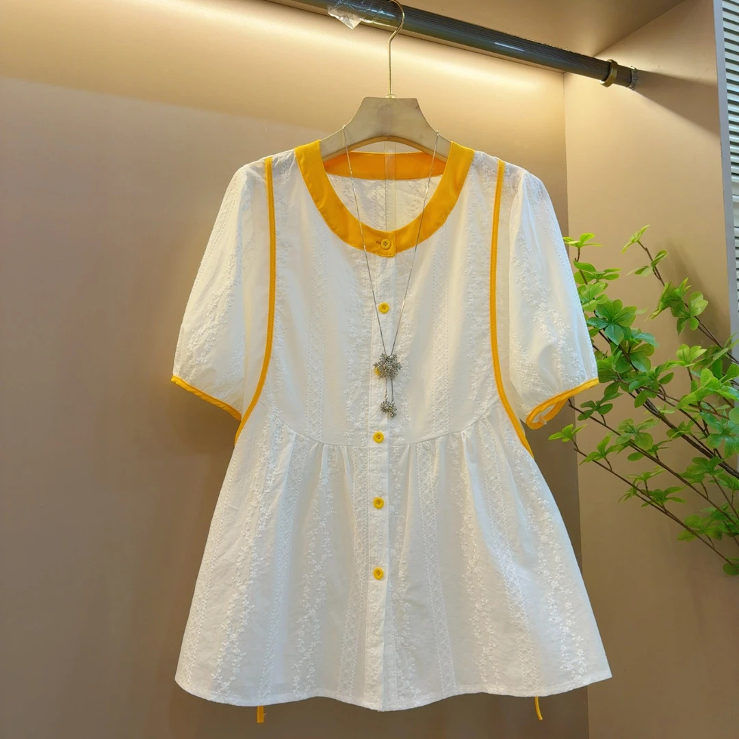 2025年新款拼接时尚撞色减龄洋气宽松校园风短袖上衣（长67左右）