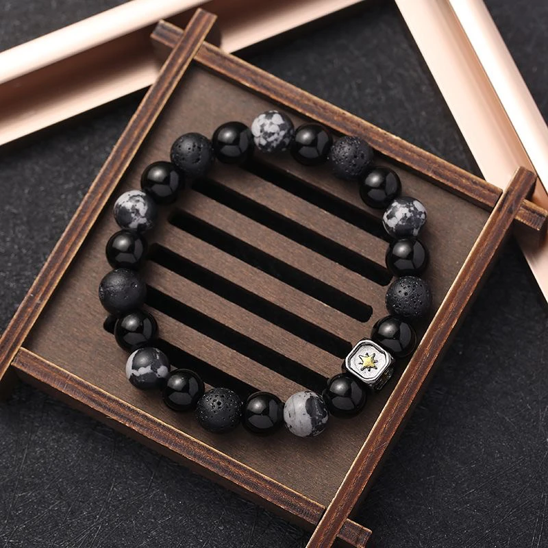 合金玻璃手链 火山石手串高级冷淡新中式星芒复古黑色百搭手链