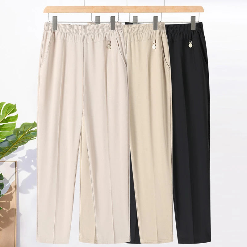 新款新款妈妈夏装九分裤松紧腰薄款休闲裤中老年女奶奶冰丝直筒裤