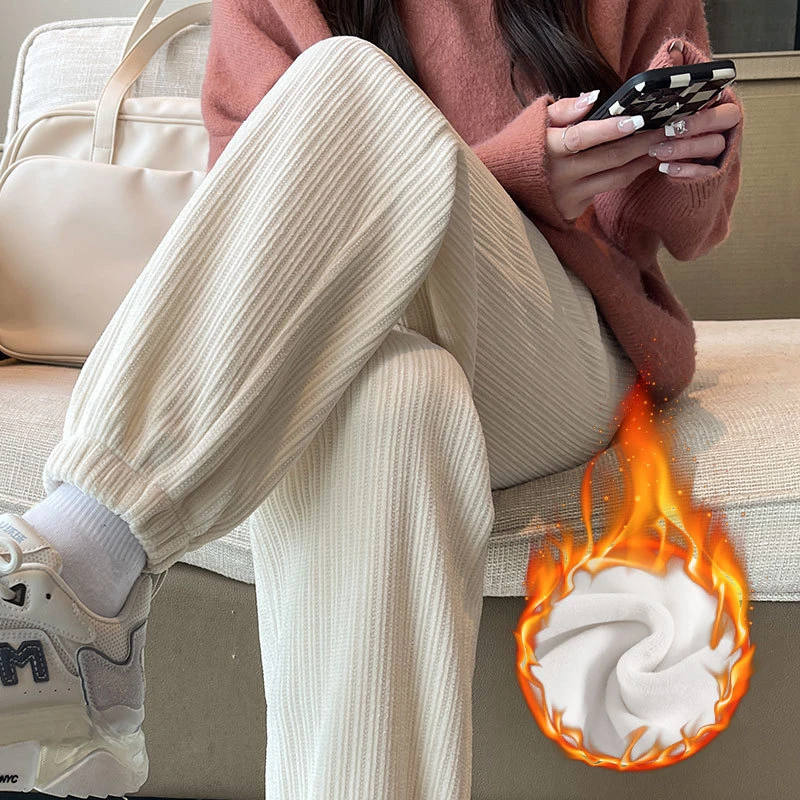 白色雪尼尔运动裤女裤子秋冬季2025年新款加绒加厚超厚束脚卫裤外