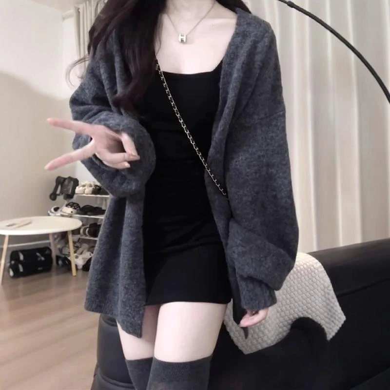 潮走韩版慵懒风中长版灰色长袖针织开 衫女2025秋宽松显瘦辣妹毛