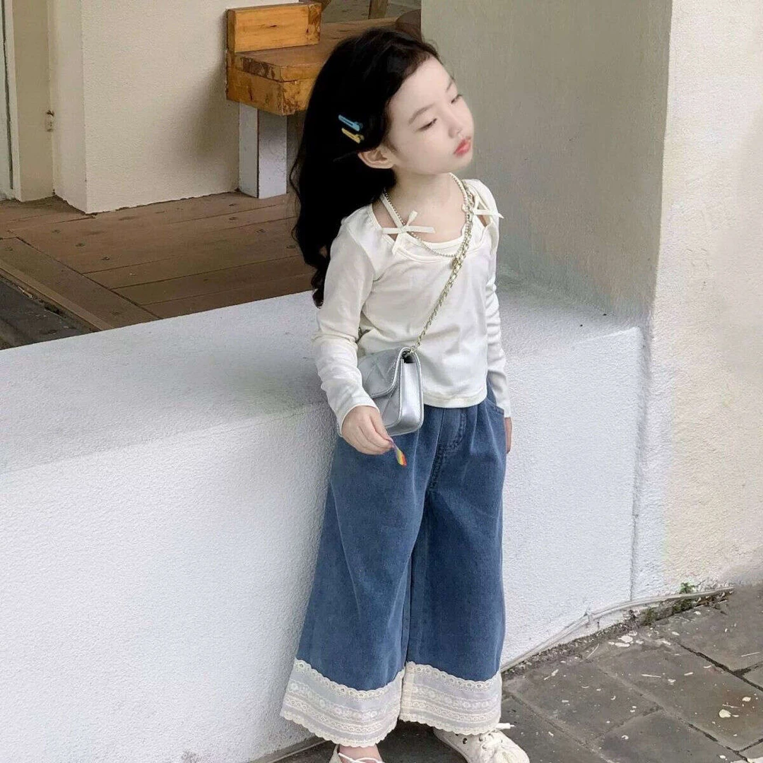 女童蝴蝶结T恤花边牛仔裤秋装款上衣洋气儿童长袖女宝秋季套装