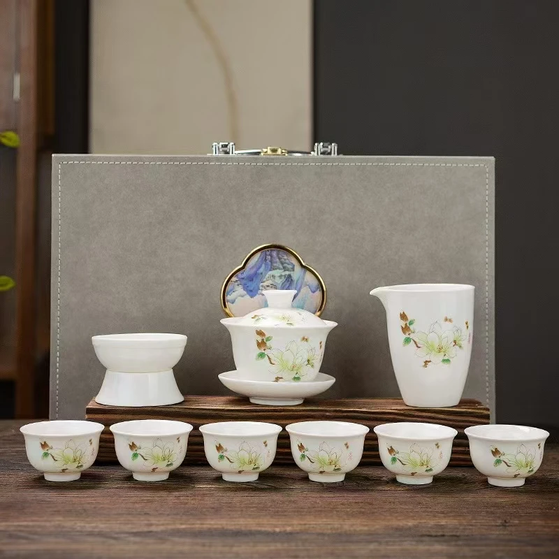 德化陶瓷盖碗高端功夫茶具客人茶杯套装家用办公送礼整套高档