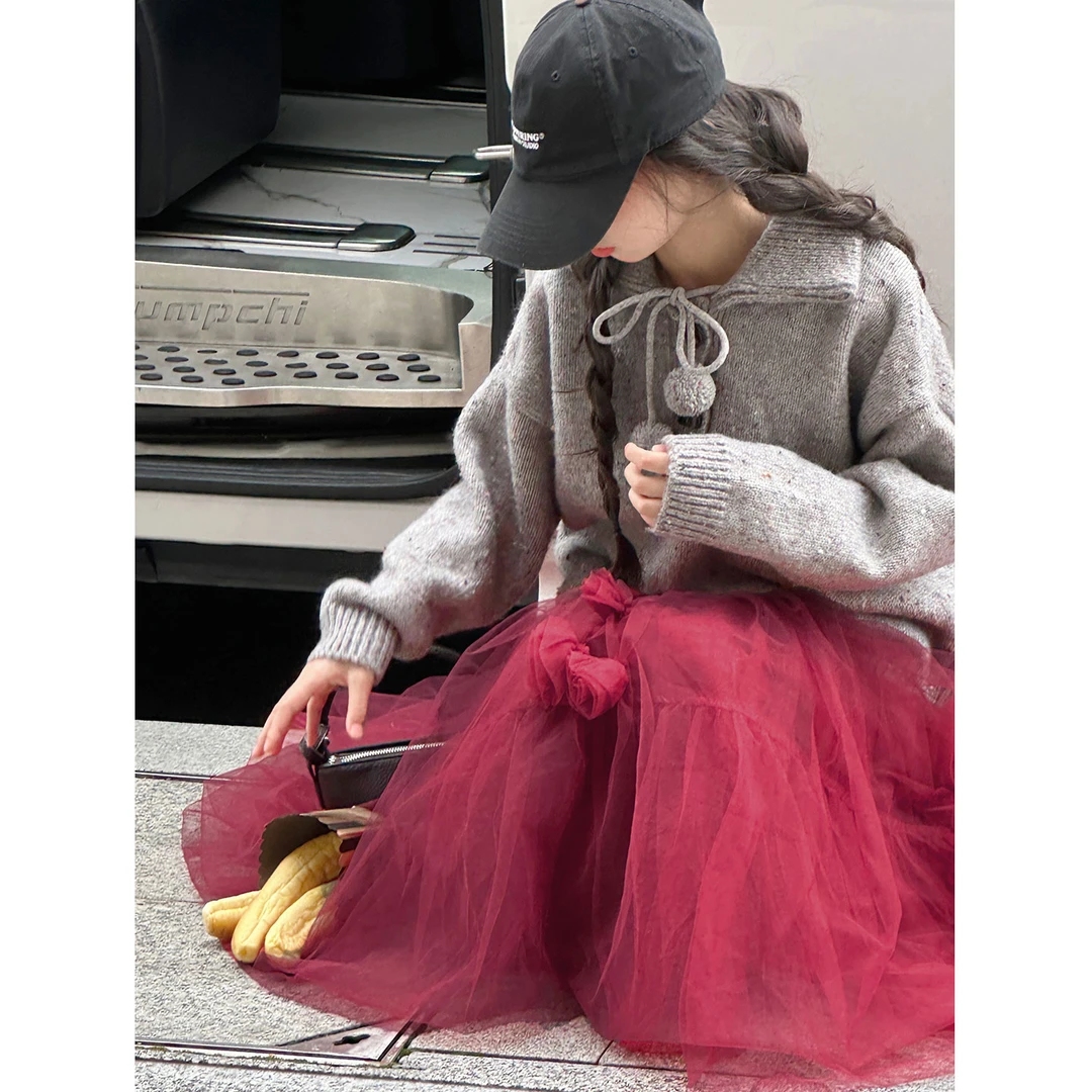 K29973孙小美韩系彩纱毛球女童毛衣2025秋冬新款儿童加厚打底衫潮