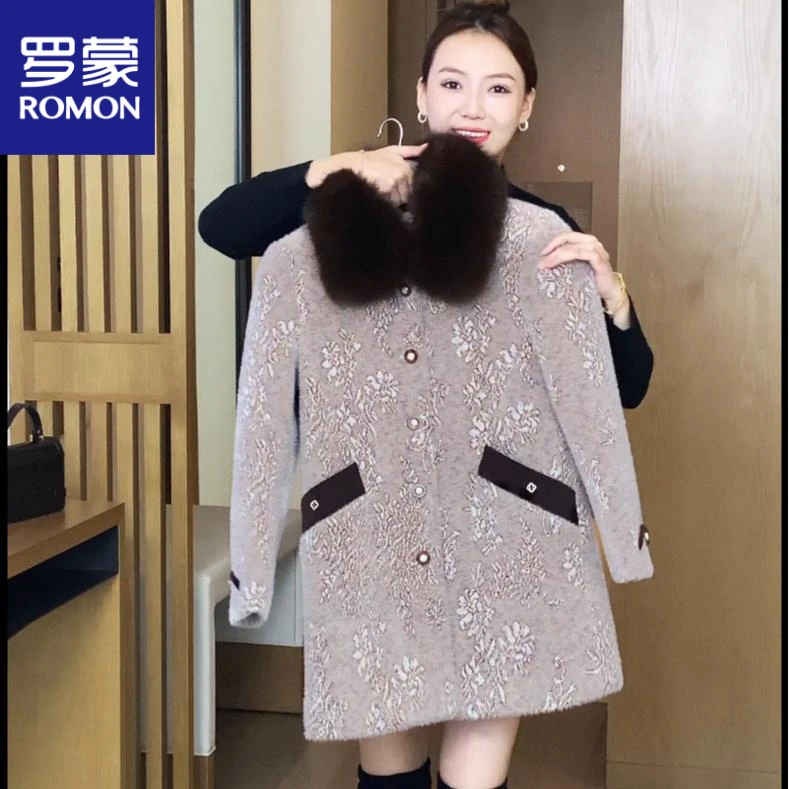 罗蒙可拆卸毛领加绒加厚冬季外套中年妈妈时尚洋气中长款保暖大衣