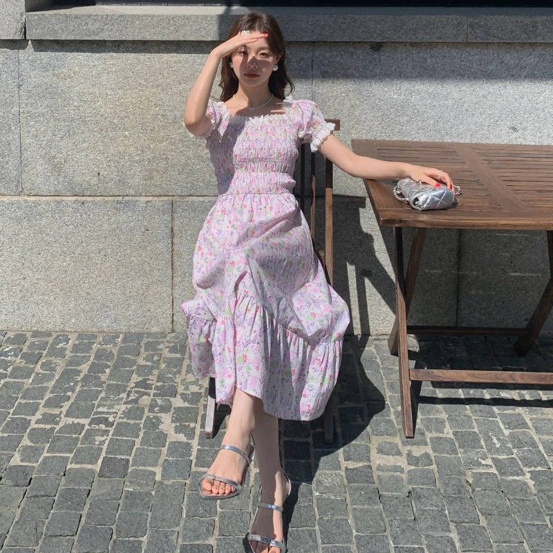 夏日多巴胺法式甜美减龄方领碎花连衣裙S1117