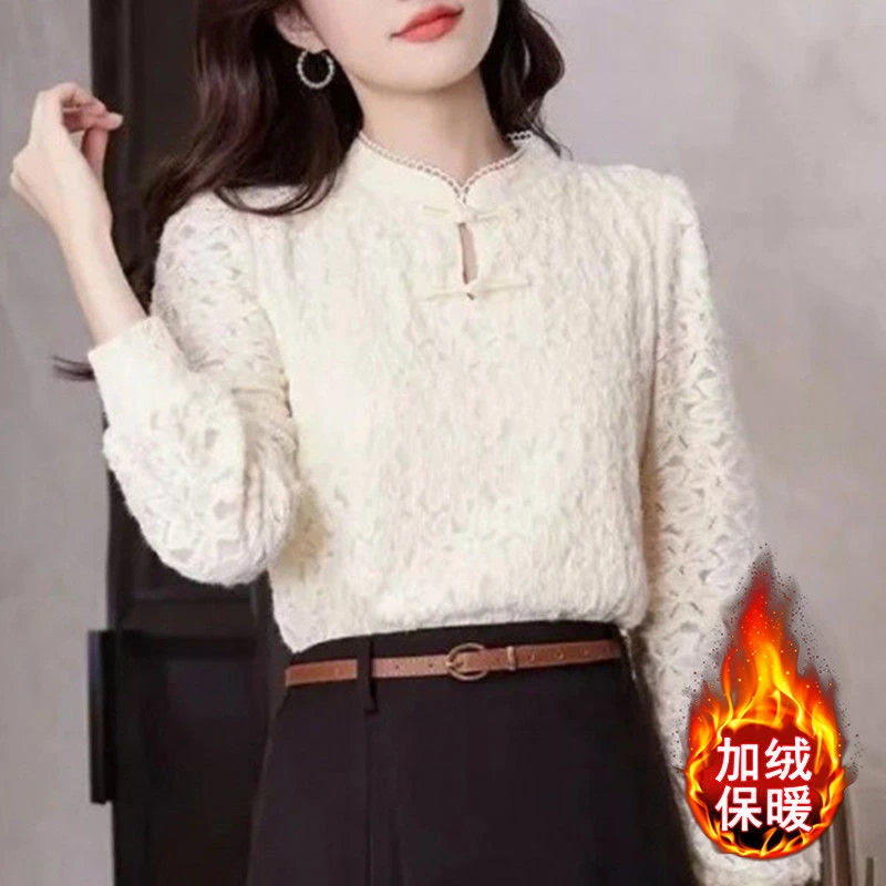 秋冬保暖小香风盘扣蕾丝衫女新款加厚百搭长袖植绒加绒上衣女