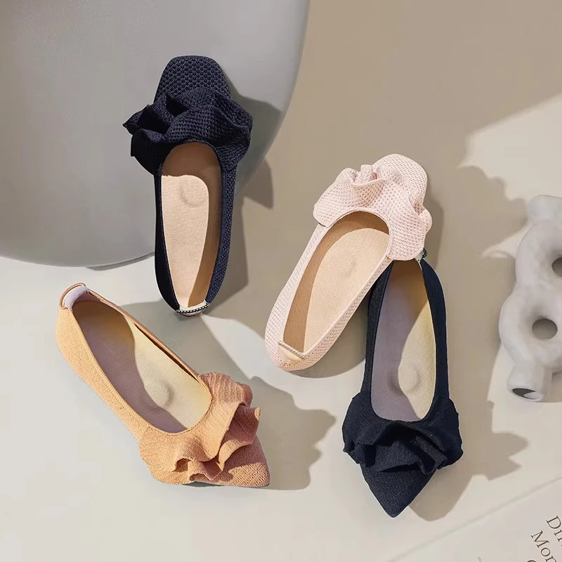 蛋卷荷叶边尖头平底单鞋2025新款百搭法式气质软底舒适飞织女鞋