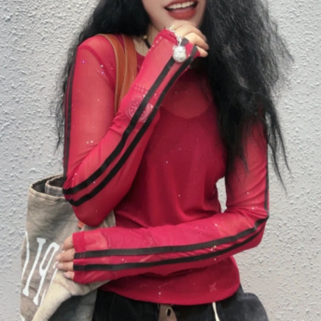 潮牌时尚彩色经典杠条网纱显瘦长袖运动网红针织休闲红色修身