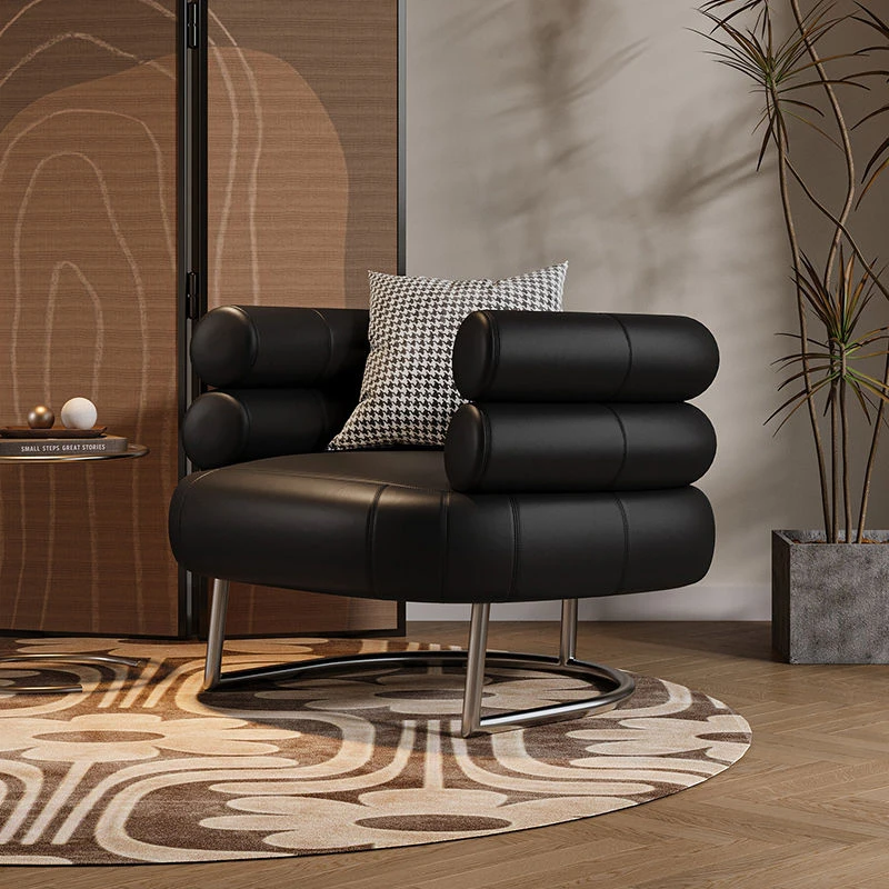 轻奢北欧感意式简约家用单人沙发椅金属框架整装烤漆工艺软包懒