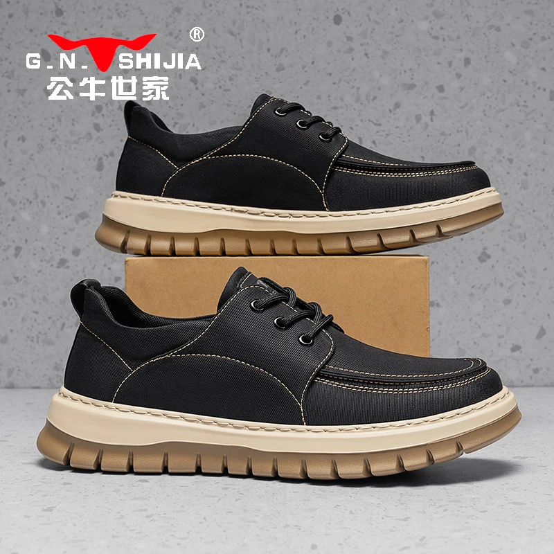 公牛世家春季男鞋时尚薄款纯色厚底低帮帆布鞋潮流软底休闲鞋子男