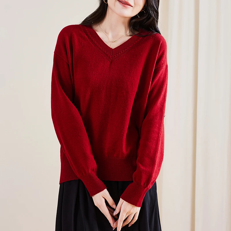 索菲丝尔2025秋季新款长袖百搭V领针织打底绵羊毛衫女毛衣538111