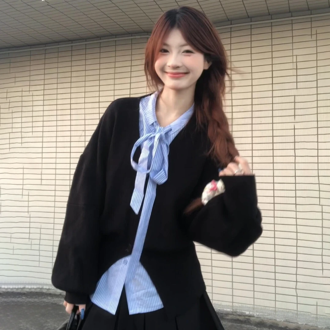 2025秋冬韩系学院风针织开衫蝴蝶结绑带衬衫百褶半身裙减龄套装