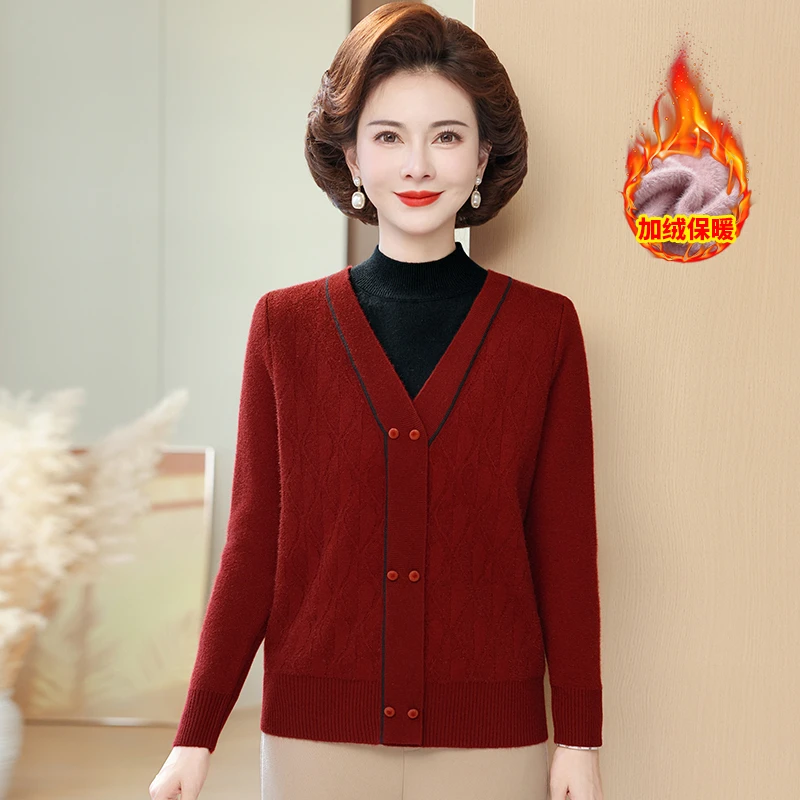 妈妈装中老年针织衫50到60假两件毛衣秋冬加绒毛衫婆婆穿时尚减龄
