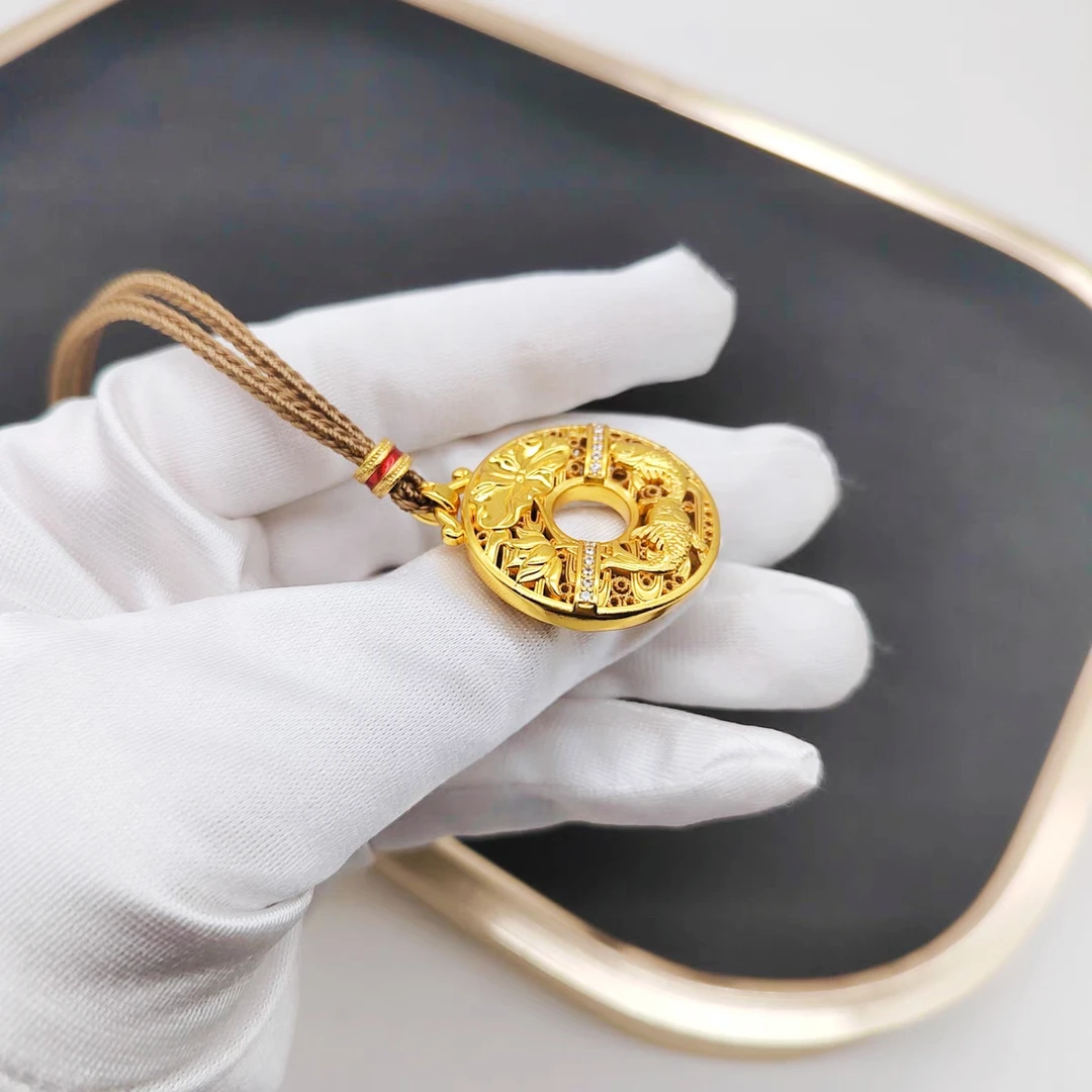 铜合金布艺项链 铜合金古法年年有余镂空双鱼戏莲平安扣吊坠饰品