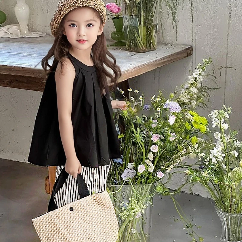 2025夏季儿童女宝宝背心吊带裙直筒裤夏装女童纯色半身裙条纹裤子