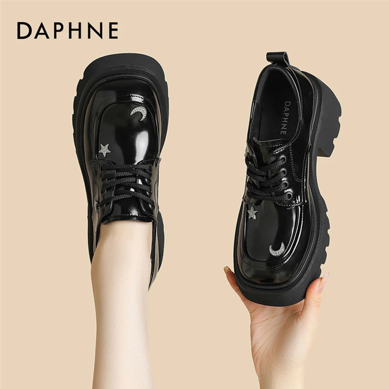 达芙妮厚底高跟乐福鞋女鞋2025春季新款小个子增高真皮小皮鞋系带