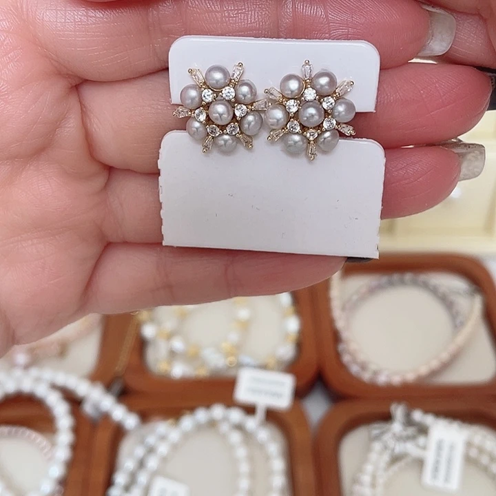合金淡水珍珠耳饰灰珠七珠灰色耳钉