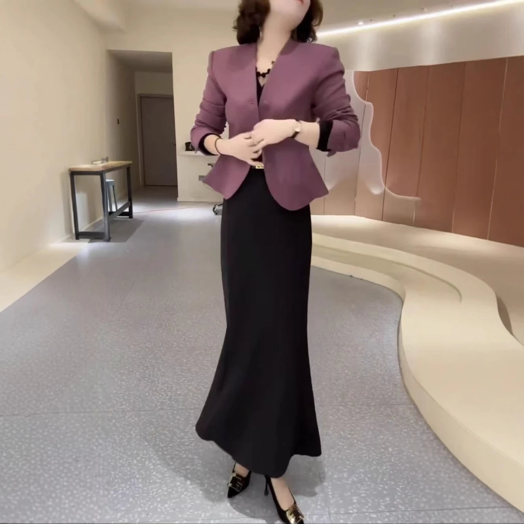 25175大爱美依缘2025春季新款优雅长袖短外套高腰包臀鱼尾半裙女